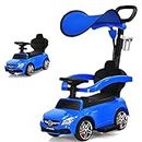 Costzon Push Car for Toddlers, 3 in 1 Mercedes Benz Stroller Sliding Walking Car w/Canopy, Handle, Safety Bar, Cup Holder, Music, Underneath Storage, Foot-to-Floor Ride On Toy for Boys & Girls, Blue