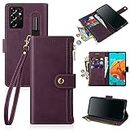 Antsturdy for Samsung Galaxy S21 Ultra 6.9“ Wallet Case with S Pen Holder,PU Leather Folio Flip Protective Cover Wrist Strap [RFID Blocking] [Zipper Poket]Credit Card Slot Kickstand,Men Women Wine Red