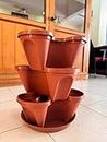 3 Tier Stacking Vertical Flowers Garden Vegetables Strawberries Herbs Plastic Planter Pots with Tray for Indoor/Outdoor, Terrace, Balcony, Patios and Backyards Gardening Tower - Terracotta Color