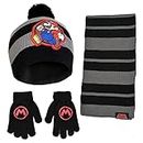 Nintendo Mario Scarf, Hat and Gloves Set for Little Boys, Black/Grey, 4-7 Years