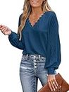 CUPSHE Women Blouse Cutout Scalloped Lace Top Long Lace Sleeves V Neck Banded Cuffs Chic Elegance Shirt Blue XL