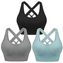Leversic Women's Workout Bra Mid Impact Wirefree Removable Padding Sports Bra Cross Back Yoga Bra for Gym Fitness Running Jogging(Black+Blue+Grey,M)