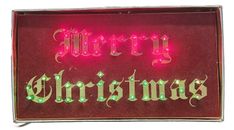 Vintage Rare Merry Christmas Light Up Sign Box Stand  Flocked Gold Lettering MCM