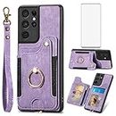 Phone Case for Samsung Galaxy S21 Ultra 5G Wallet Cover with Screen Protector and Wrist Strap Lanyard RFID Credit Card Holder Ring Stand Cell Accessories S21ultra 21S S 21 21ultra G5 Women Men Purple
