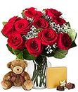 From You Flowers - One Dozen Red Roses & Chocolate & Teddy Bear with Glass Vase (Fresh Flowers) Birthday, Anniversary, Get Well, Sympathy, Congratulations, Thank You