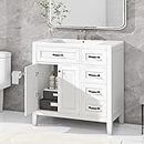 P PURLOVE 36" Bathroom Vanity with Sink, Bathroom Storage Cabinet with Doors and Drawers, Modern White Bathroom Cabinet Basin Vessel Sink Set for Bathroom,White
