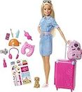 Barbie Set da Viaggio - Bambola con Valigia Apribile e Cucciolo - Abito di Jeans - Adesivi - 10+ Accessori - Regalo per Bambini 3+ Anni, FWV25