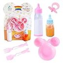 Baby Dolls Feeding Accessories with Two Magic Milk Bottles, Dummy, Plate, Fork and Spoon, Great Pretend Play Nurturing Accessories Toy Gift for Kids