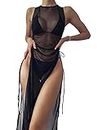 Verdusa Women's Swimsuit Mesh Cover Up High Split Drawstring Bikini Long Dress Black S