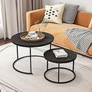 HOJINLINERO Round Coffee Table Set of 2 End Tables for Living Room,Black Coffee Table Nesting Tables,Living Room Table Wooden Accent Furniture Metal Frame,Sturdy Stacking Side Tables,Easy Assembly