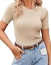 Zeagoo Short Sleeve Shirt for Womens Fashion Crewneck Ribbed Knit Tops Basic Tee Soft Summer Tshirt Apricot