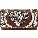 Justin West Horse Floral Embroidery Square Stud Croc Wristlet Trifold Wallet Attachable Long Strap (Brown)