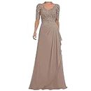 HGFYE Lace Applique Mother of The Bride Dresses for Wedding Long Chiffon Mother of The Groom Dress Khaki