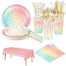 MEYDLL 161PCS Pink Golden Dot Party Dinnerware, Birthday Party Supplies, Gradient All Over Pink Gold Dots Party Paper Plates and Napkins, Party Straw, for Birthday Party, Weddings, Anniversary