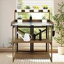PetsCosset Folding Garden Potting Bench Table，Outdoor Wooden Work Station W/Metal Table Top,2 Tier Open Storage Rack,Top Shelf-Natural Stained