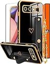 Likiyami (3in1) for Samsung Galaxy S10 Plus Case Heart Women Girls Cute Girly Aesthetic Trendy Luxury Pretty with Loop Phone Cases Black and Gold Plating Love Hearts Cover+Screen+Chain for S10+ 6.4"