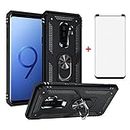 Phone Case for Samsung Galaxy S9 Plus with Tempered Glass Screen Protector Magnetic Rugged Stand Ring Holder Accessories Protective Hard Shockproof Bumper Glaxay S9+ 9S 9plus S9plus S 9 Women Black