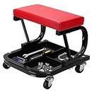 Rolling Mechanic Stool, 150kg Capacity, Soft Padded Creeper Trolley with Tool Tray, 4 Universal Casters, Heavy Duty Garage Workshop Seat Chair, Red