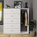 VIKI Chest of 5 Drawers with Cloth Hanger for Storage/Chest of Rack/Chest for Clothes, Engineered Wood, Suede Finish, Frosty White KAYAL