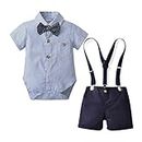 Baby Boys Gentleman Outfits Suits, Infant Blue Stripe Shirt+Navy Shorts+Bow Tie+Suspender Clothes Set,3-6M