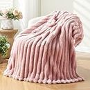 NEWCOSPLAY Super Soft Throw Blanket Pink Premium Silky Flannel Fleece 3D Ribbed Jacquard Lightweight Bed Blanket All Season Use (Pink Ribbed, Throw(50"x60"))