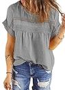Dokotoo Blouses for Women Fashion 2024 Summer Crochet Lace Round Neck Short Sleeve Shirts Back Button Down Pom Pom Boho Solid Chiffon Blouse Womens Tops Dressy Casual Gray XL