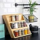 Bamboo Spice Rack Foldable 3 Tiers Bamboo Spice Rack Organizer for Countertop, Spice Display Shelf for Drawer and Kitchen Countertop, Spice Holder Stand, Cabinet Storage Rack for Kitchen