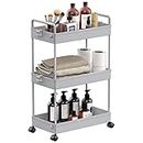 SOLEJAZZ 3-Tier Storage Trolley Cart Slide-out Rolling Utility Cart Mobile Storage Shelving Organizer for Kitchen, Bathroom, Laundry Room, Bedroom, Narrow Places, Plastic,Grey