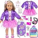 18 Inch Doll Clothes and Accessories School Supplies Playset and Makeup Accesscories Doll Travel Suitcase Set Including Coat,Dress,Suitcase,Hairpin,Hair Ring,Stickers,Makeup Set (No Doll)