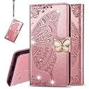IMEIKONST Wallet Case for Galaxy S7 Edge, Bling Diamond Butterfly Embossed PU Leather Card Slots Holder Magnetic Closure Flip Stand Cover for Samsung Galaxy S7 Edge Cystal Butterfly Rose Gold SD