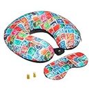 amazon basics Memory Foam Travel Neck Pillow with Eye Mask and Ear Plugs Combo, Unisex, U-Shaped, World Stamps, Multicolor