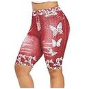JISDFKFL Yoga Pants for Women UK, Ladies Skinny Imitation Denim Printed Bottom Lift Sweatpants Soft Running Casual Workout High Waist Elastic Fitness Tight Yoga Pants Shorts