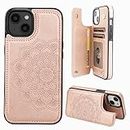 Fanlecc for iPhone 13 6.1" Mandala Floral Wallet Case with Card Holder Floral Pattern Flip Folio PU Leather Kickstand Card Slots Magnetic Clasp Shockproof Cover (Rose Gold, iPhone 13 6.1"-(S))