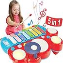 hahaland 5 in 1 Kids Piano Drum Set, Musical Toddler Toys for 1 2 3 Year Old Boys Girls, Electronic Keyboard Xylophone Set Baby Toys 12-18 Months Development for 18 Months+