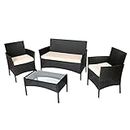 Straame 4PC Rattan Garden Furniture Set with Table, Double Seated Sofa and 2 Cushion Chairs, Outdoors Rattan Set, Weather Resistant, Comfortable Stylish Pool Side, Patio Lounger Set (Black)