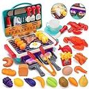 HOLY Fun 42Pcs Kids BBQ Grill Toy, Barbecue Kitchen Cooking Playset with Realistic Spray, Light & Sound, Color Changing Play Food & Cup & Plate Toy, Pretend BBQ Accessories Set for Girls Boys Toddler