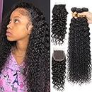 Malaysian Water Wave Curly Hair Bundles with Closure Wet and Wavy Bundles with Closure for Women Water Curls Remy Weave Human Hair with Closure Kinky Curly Bundles with Frontal Lace Closure