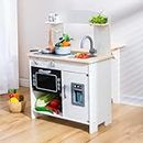 deli Kids Kitchen Playset, Wooden Play Kitchen Set for Toddlers, Toy Kitchen with Realistic Lights&Sounds, Stove, Oven, Ice Maker, Faucet, Sink