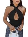 REORIA Women's Sexy Criss Cross Halter Neck Sleeveless Party Club Night Going Out Thong Bodysuits Tops Black XX-Large