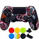 9CDeer 1 Piece of SiliconeTransfer Print Protective Cover Skin + 6 Thumb Grips & Dust Proof Plugs for PS4/Slim/Pro Controller Black Dragon