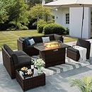 VONZOY 8 Pieces Outdoor Patio Furniture Set with 44" Fire Pit Table Rattan Sectional Conversation Sets w/Gas Fire Pit, Coffee Table, 2 Waterproof Covers, Dark Grey