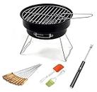 Barbeque Grill,Foldable Metal Charcoal Round,Portable Tandoor BBQ Grill Set for Home,Outdoor, Iron Grill with Accessories 10 skewers, Oil Brush & Spatula, Gas lighter (Black) (Big BBQ Grill Combo)