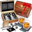 Whiskey Set by Royal Reserve | Whiskey Chilling Rocks Scotch Bourbon & Whiskey Glasses Set of 2 and Slate Table Coasters – Gift for Guy Men Dad Boyfriend Anniversary or Retirement Regalos para Hombre