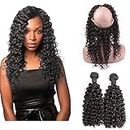 Sent Hair 360 Lace Frontal with Bundles Remy Brazilian Virgin Hair Bundle Deals with Lace Frontal Closure Deep Curly Weave Wave Human Hair 2 Bundles 12"14" with 10" Frontal Natural Color