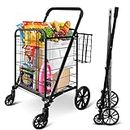 SereneLife Folding Grocery Utility Shopping Supermarket Cart with 360 Rolling Swivel Wheels, Double Basket, Large Capacity 110 lbs, Portable, Collapsible Compact Folding, for Grocery Laundry, Luggage