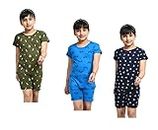 IndiWeaves Girls Cotton Printed Night Suits Tshirts and Shorts Set Summer (Pack of 3) Dark Green::Blue&::Navy Blue