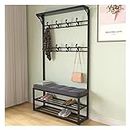 LiuGUyA Clothes Rail Rack, Large Coat Rack Stand, Shoe Bench with Armrest,4-in-1 Storage Organizer 8 Movable Hooks for Entryway Mudroom Hallway Foyer Etc (Color : Black+Gray, Size : 100 * 30 * 172