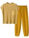 ANRABESS Women's Two Piece Outfits Knit Sweater Pullover Crop Top & Pants Lounge Matching Tracksuit Sweatsuit Sets 2024 Trendy Loungewear Clothes Yellow Medium