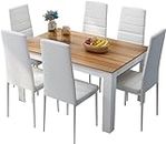 Mondeer Dining Table and Chairs Set 6, Dining Room Sets High Back Faux Leather Chair, for Kitchen Home Office, ‎138 x 90 x 75 cm, Oak Table White Chairs
