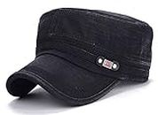 ChezAbbey Unisex Fitted Flat Top Cap Solid Brim Army Cadet Style Military Hat with Adjustable Strap